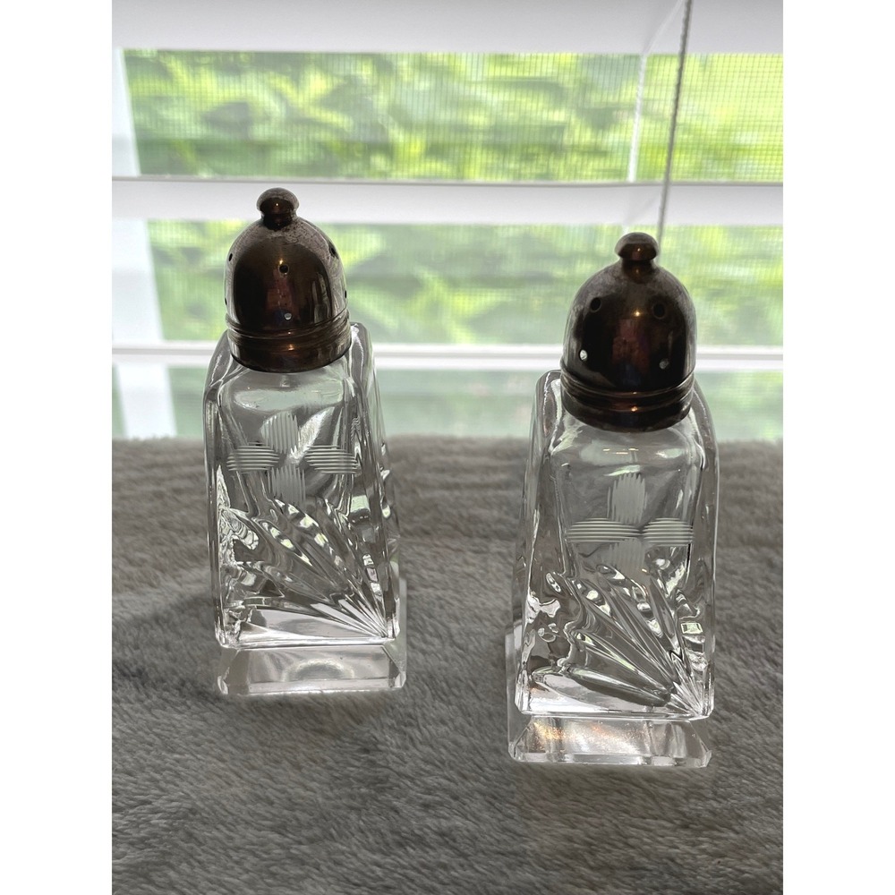 Vintage Cut Glass Salt and Pepper Shakers Sterling Silver Tops Cross Sunburst
